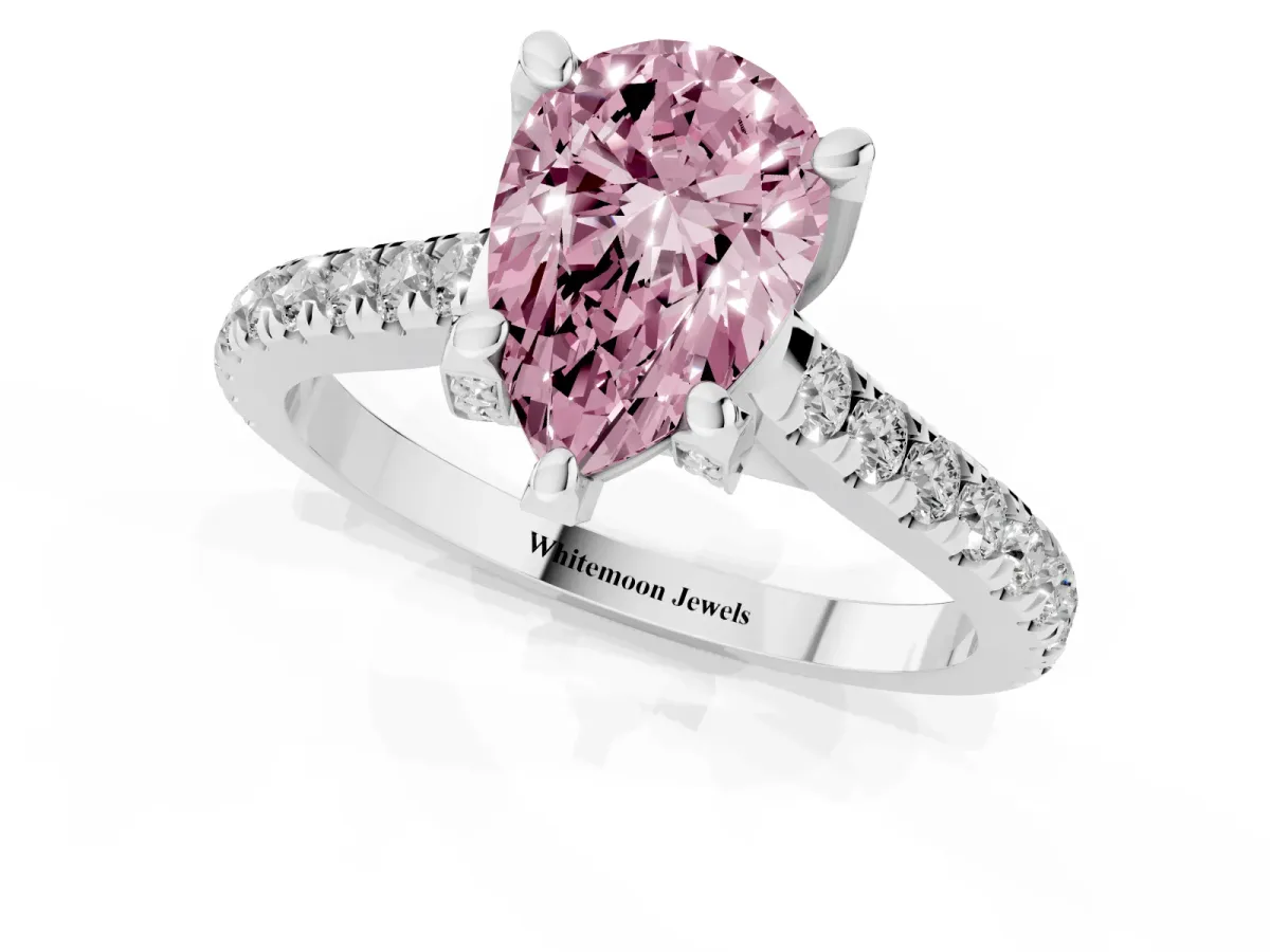 Fancy Pink Pear Cut Brilliant Diamond Solitaire with Pavé Band and Four-Prong Setting Silver