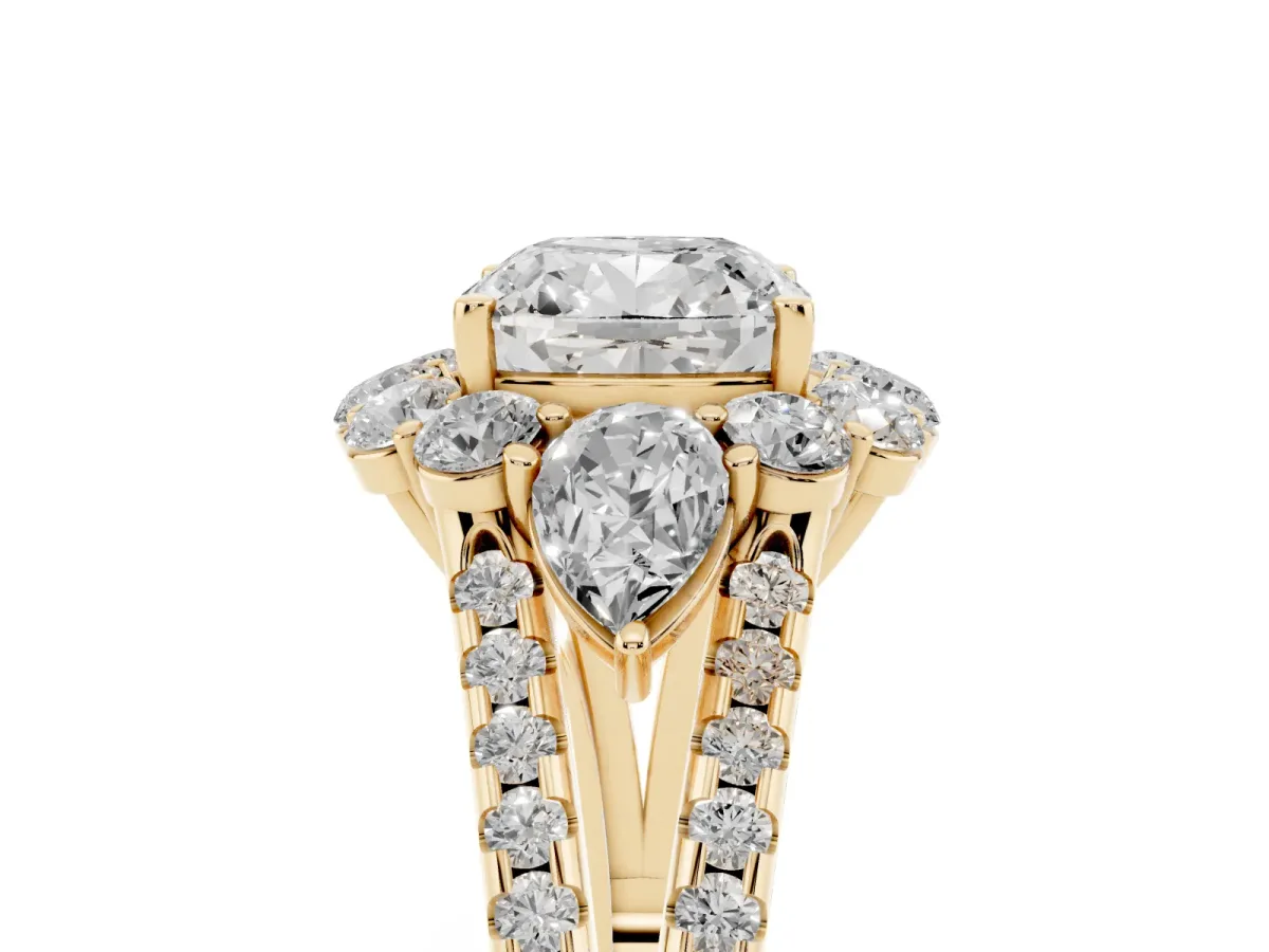 Cushion Cut Halo Split Shank Diamond Engagement Ring with Prong Setting Yellow gold