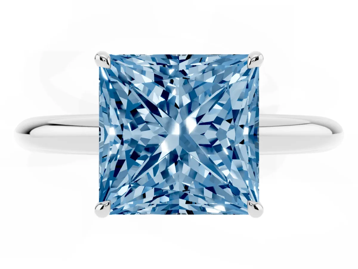 Fancy Blue Princess Cut Brilliant Solitaire Engagement Ring with Six-Prong Setting and Classic Band Silver
