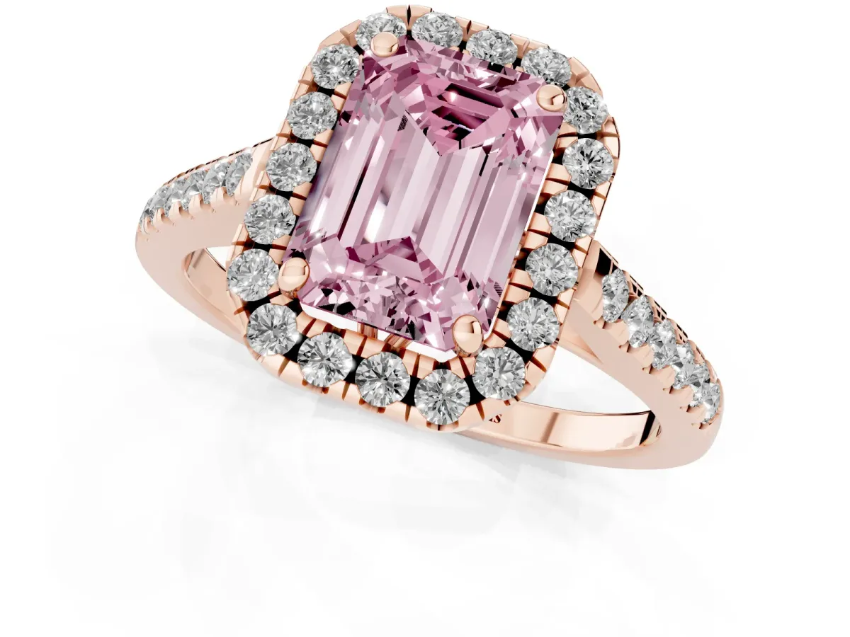 Fancy Pink Emerald Cut Halo Pavé Diamond Engagement Ring with Four-Prong Setting Rose gold
