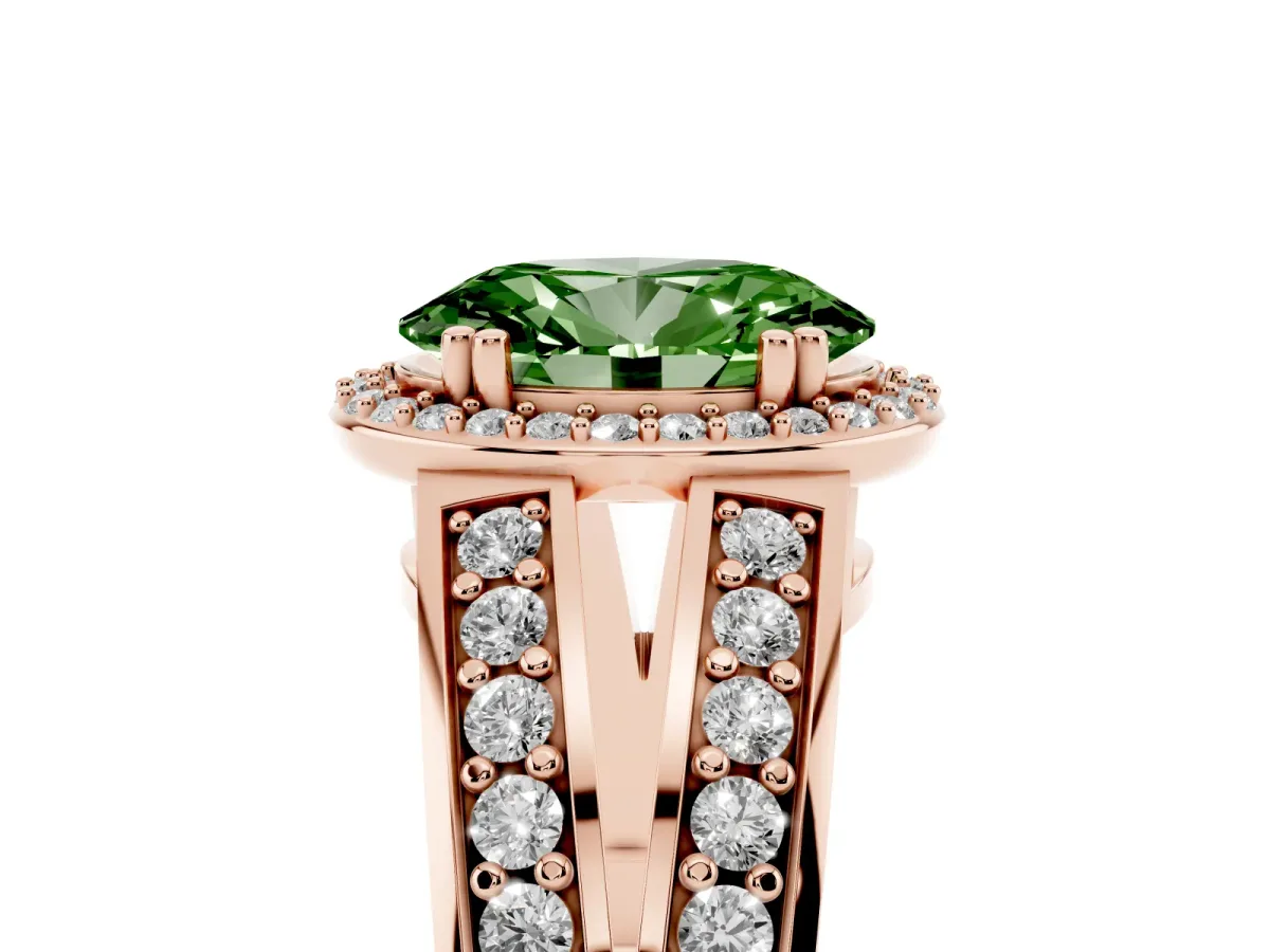 Fancy Green Oval Cut Diamond Halo Ring with Split Shank Pavé Band and Four-Prong Setting Rose gold