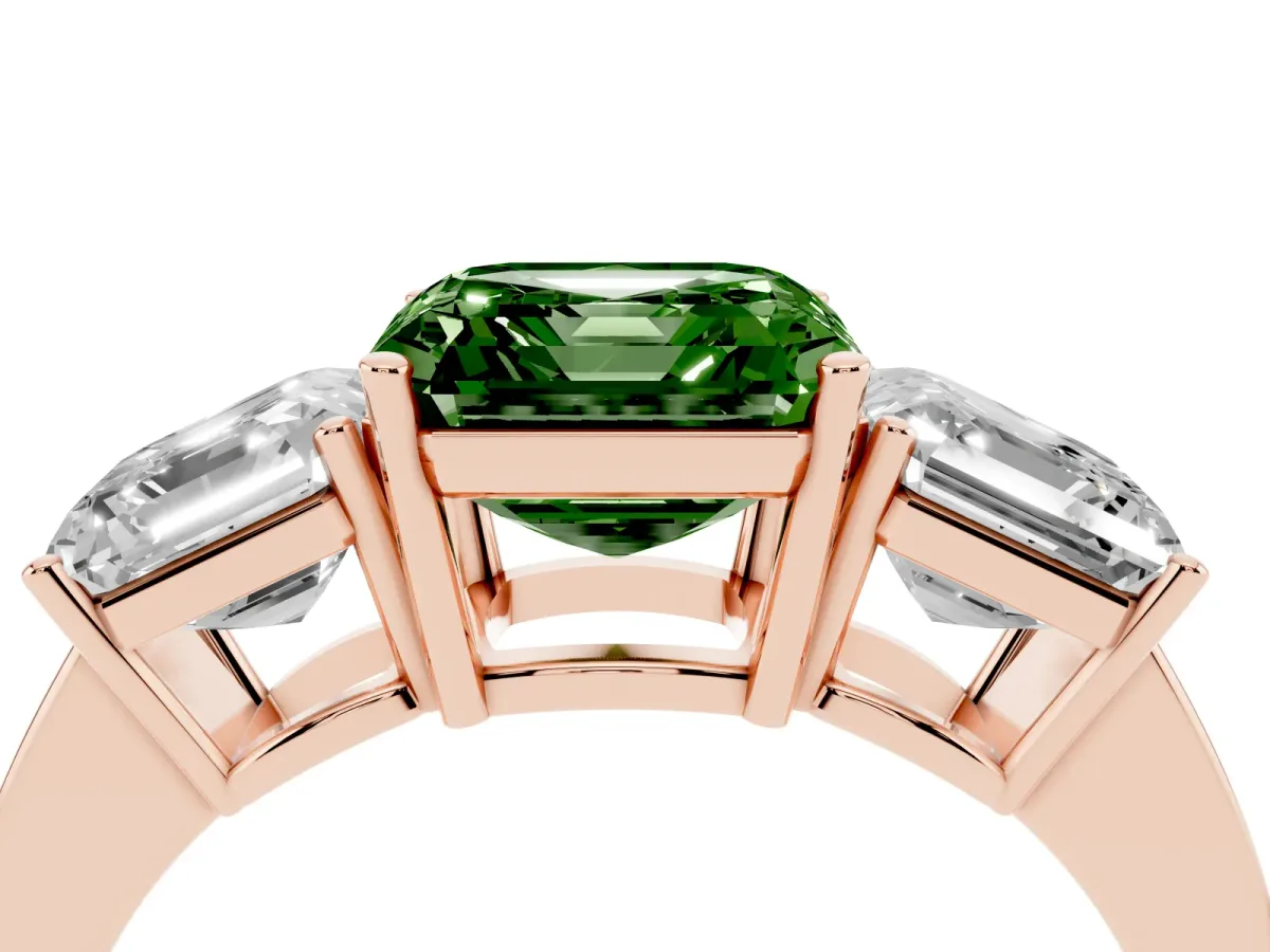 Fancy Green Three-Stone Asscher Cut Cut Diamond Engagement Ring with Flat Band and Four-Prong Setting Rose gold