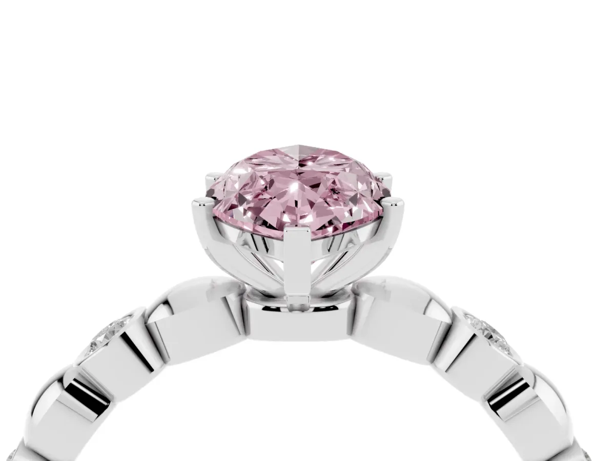 Fancy Pink Marquise Cut Solitaire Bezel-Set Diamond Ring with Beaded Band and Four-Prong Setting Silver