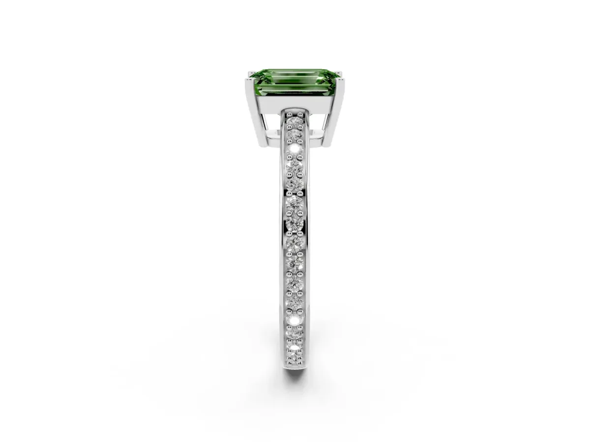 Fancy Green Emerald Cut Solitaire Pavé Band Prong Setting Ring Platinum