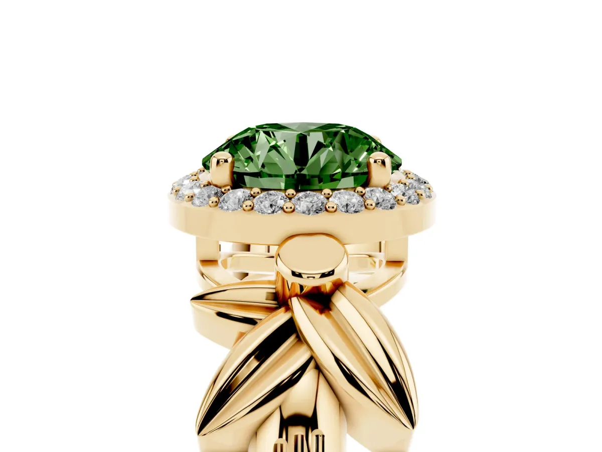 Fancy Green Round Cut Halo Diamond Floral Band with Four-Prong Setting Yellow gold