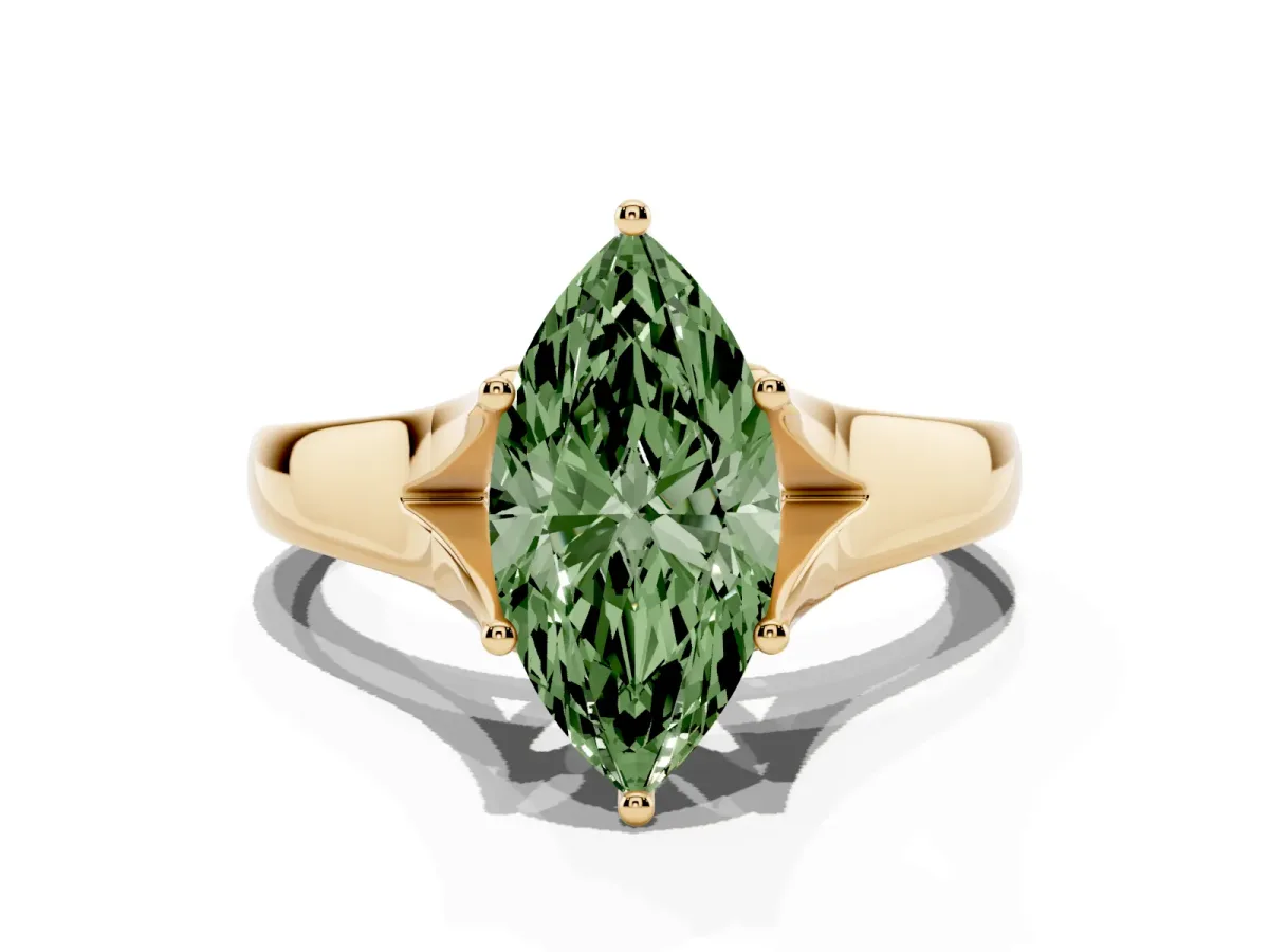 Fancy Green Marquise Cut Solitaire Diamond Ring with Cathedral Band and Four-Prong Setting Yellow gold