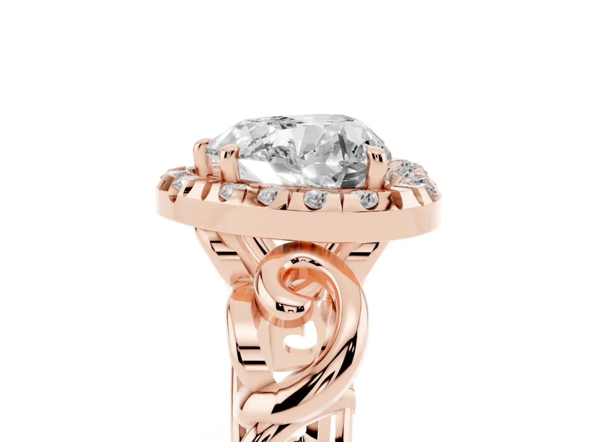 Heart Cut Cut Halo Diamond Ring with Scrollwork Band and Four-Prong Setting Rose gold