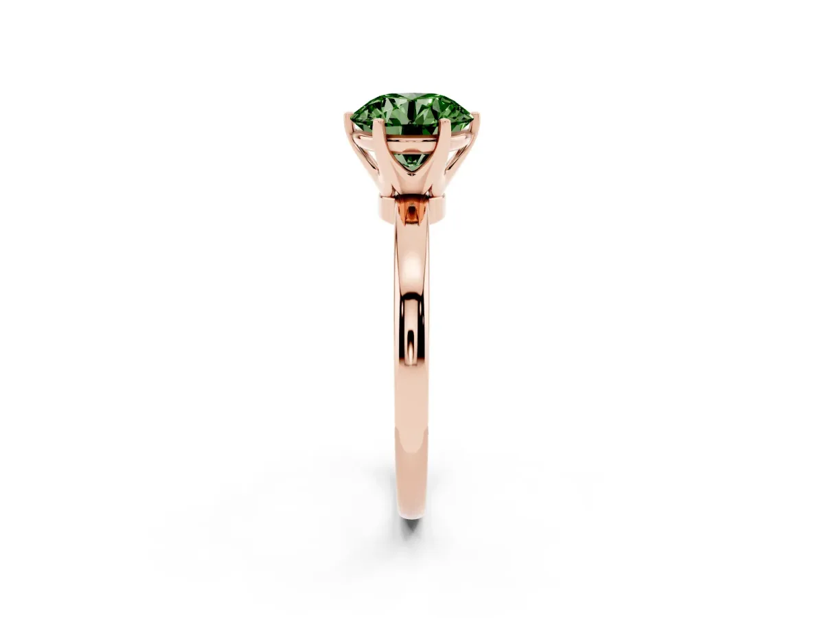 Fancy Green Round Cut Solitaire Diamond Ring with Six-Prong Setting on a Classic Band Rose gold