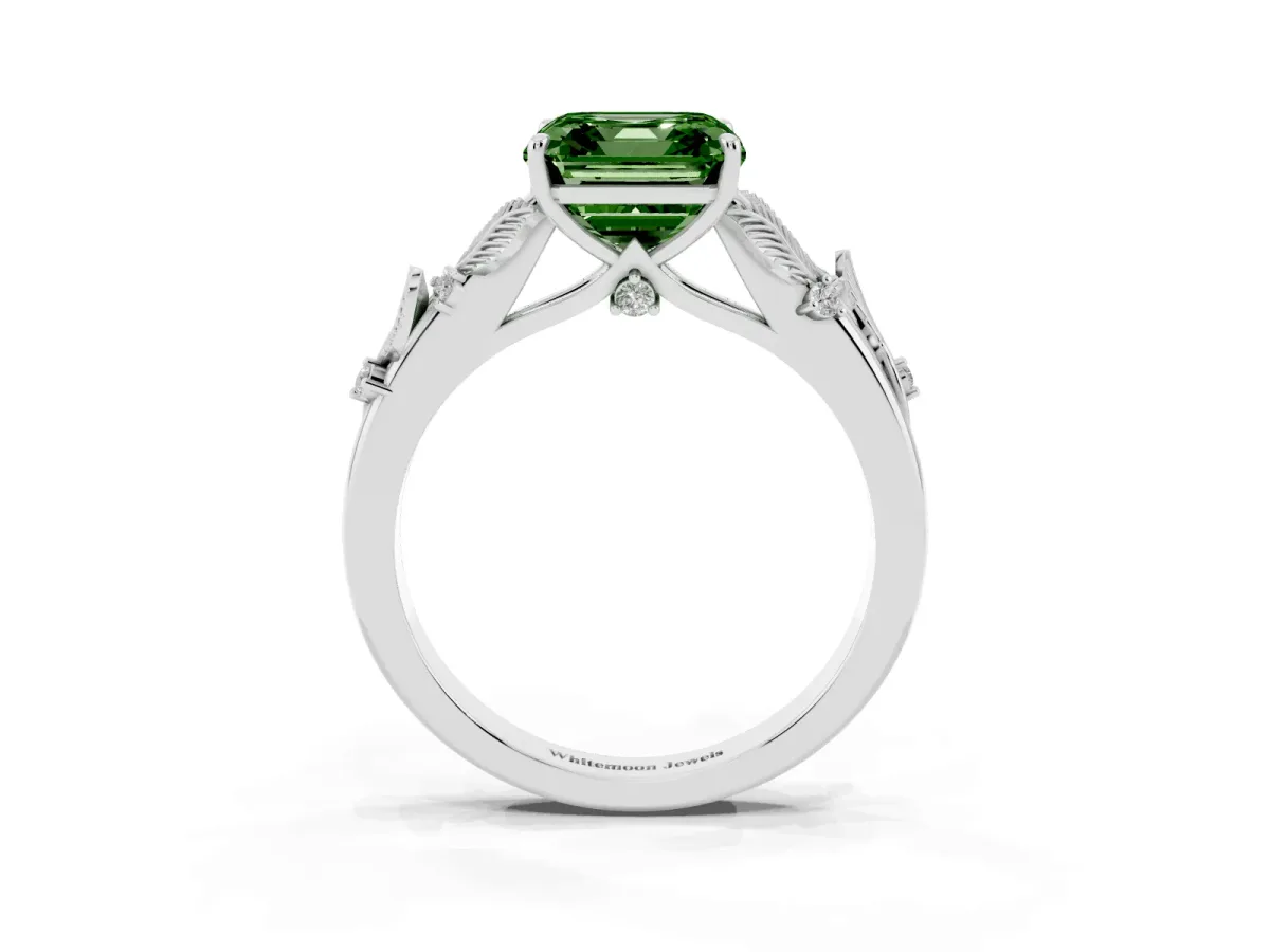 Fancy Green Asscher Cut Diamond Solitaire Ring with Leaf Motif Band and Four-Prong Setting Silver
