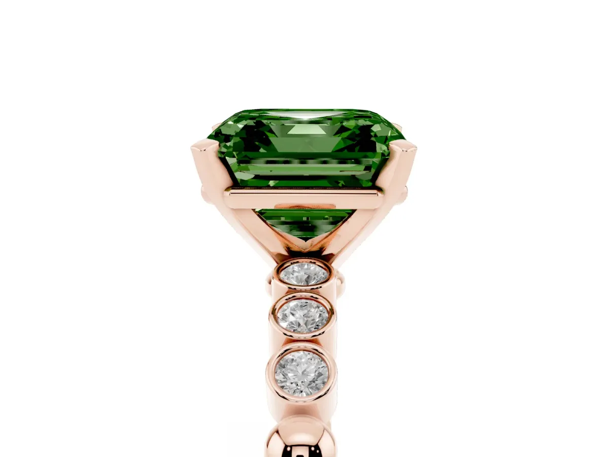 Fancy Green Asscher Cut Solitaire Bezel Accent Diamond Engagement Ring with Beaded Band and Four-Prong Setting Rose gold