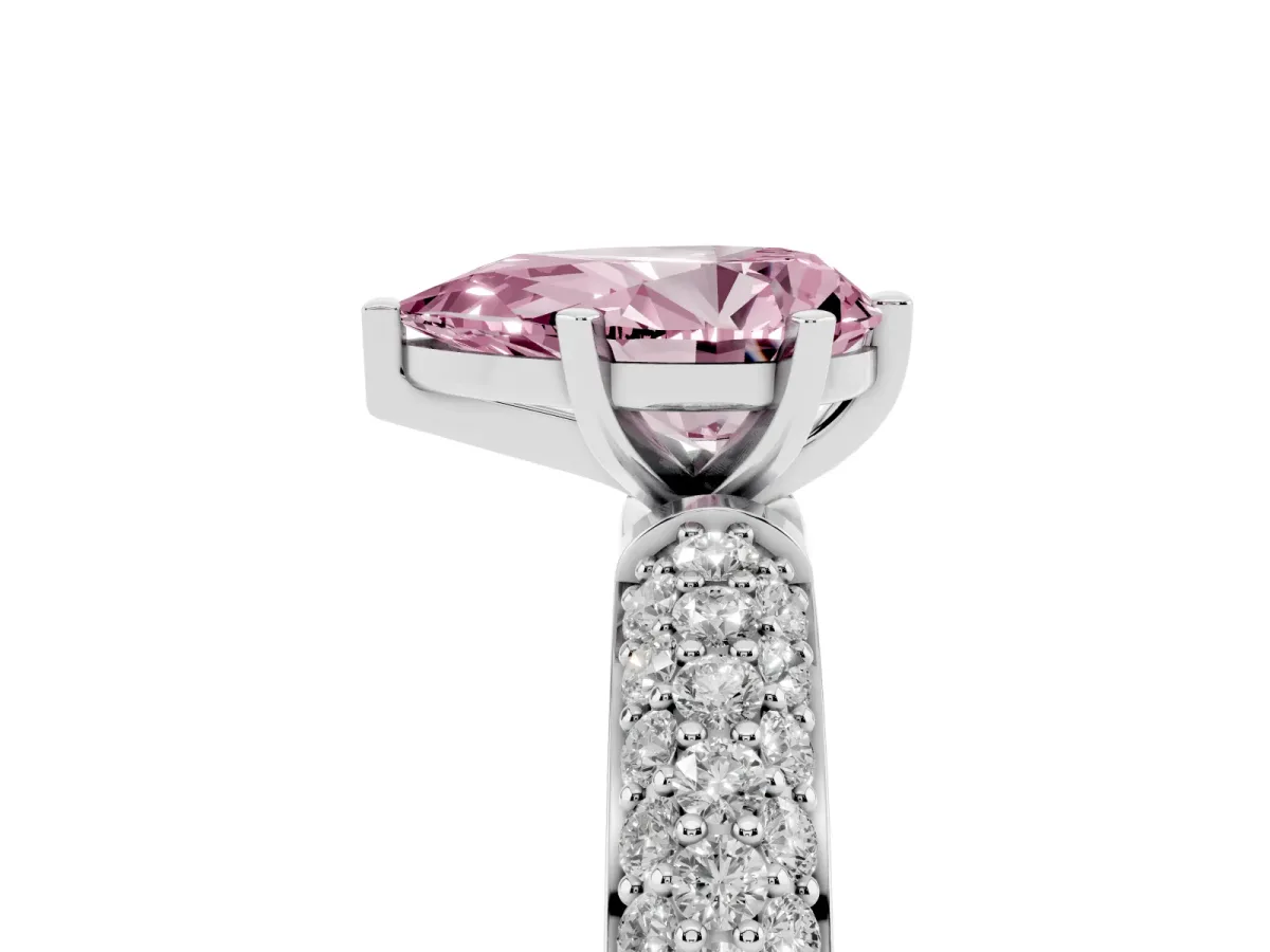 Fancy Pink Pear Cut Diamond Solitaire Ring with Prong Setting and Pavé Band Platinum