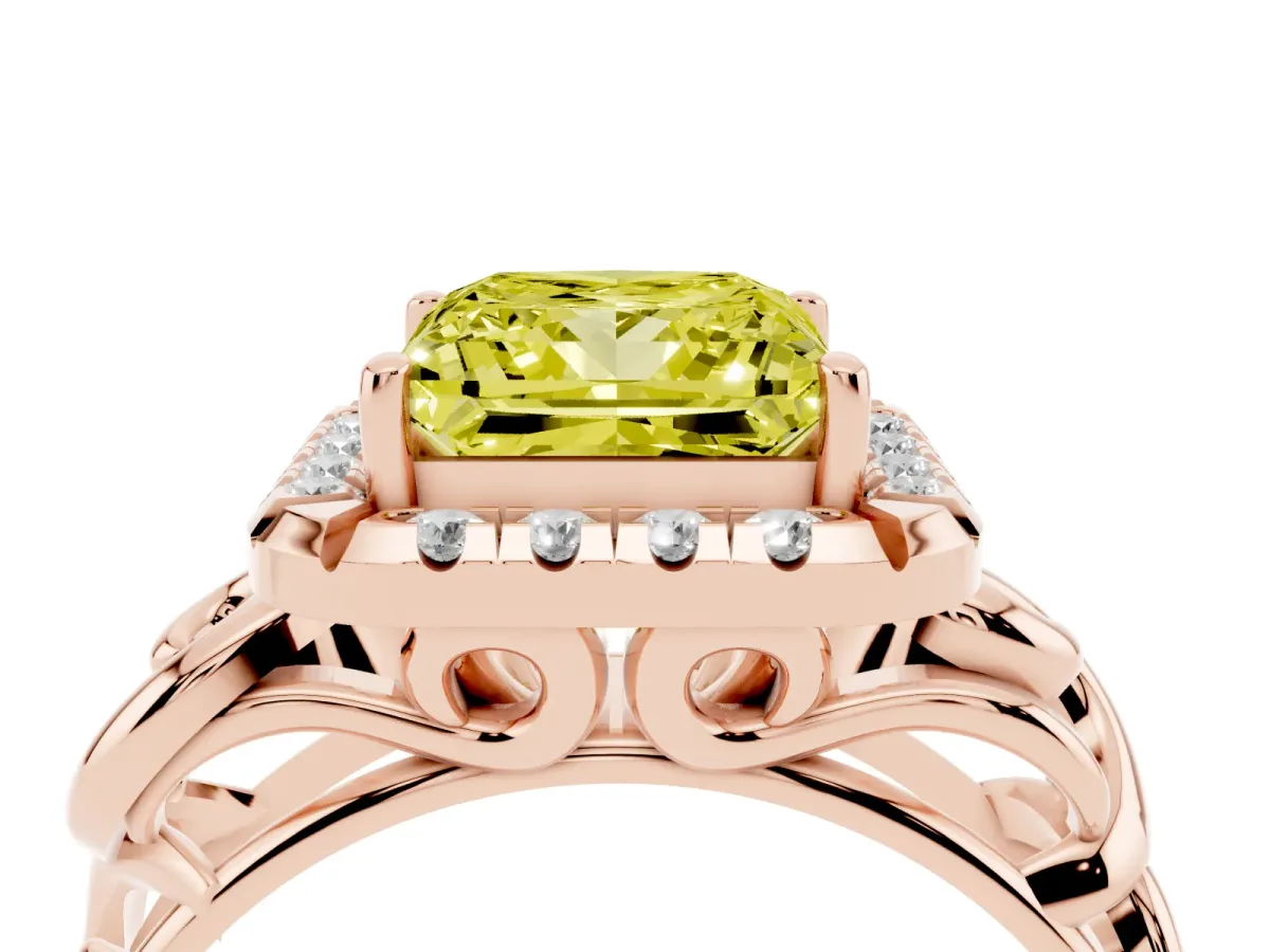 Fancy Yellow Princess Cut Cut Halo Diamond Ring with Scrollwork Band and Four-Prong Setting Rose gold