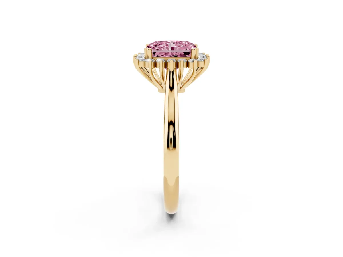 Fancy Pink Radiant Cut Cut Diamond Halo Ring with Solitaire Band and Prong Setting Yellow gold