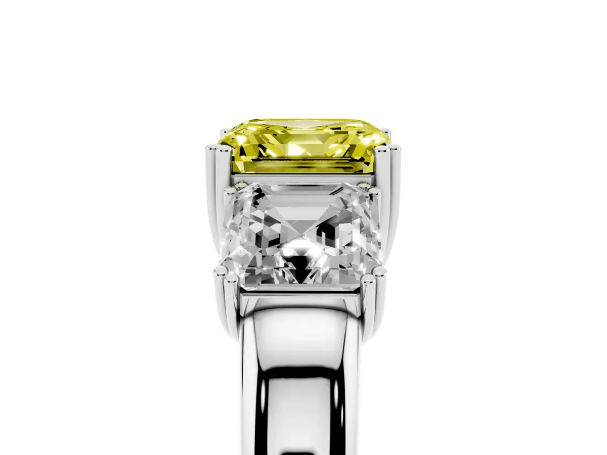 Fancy Yellow Three-Stone Asscher Cut Cut Diamond Ring with Channel Set Band and Four-Prong Setting White gold