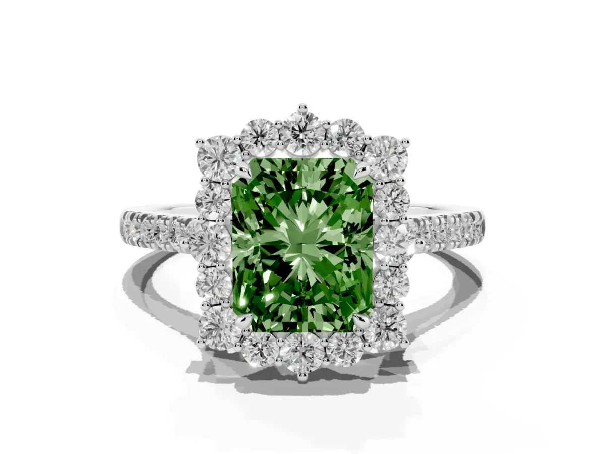 Fancy Green Radiant Cut Halo Diamond Ring with Pavé Band and Prong Setting Silver
