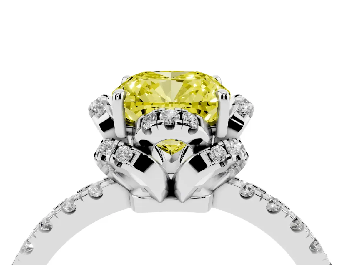 Fancy Yellow Cushion Cut Halo Diamond Pave Band Ring with Four-Prong Setting Silver
