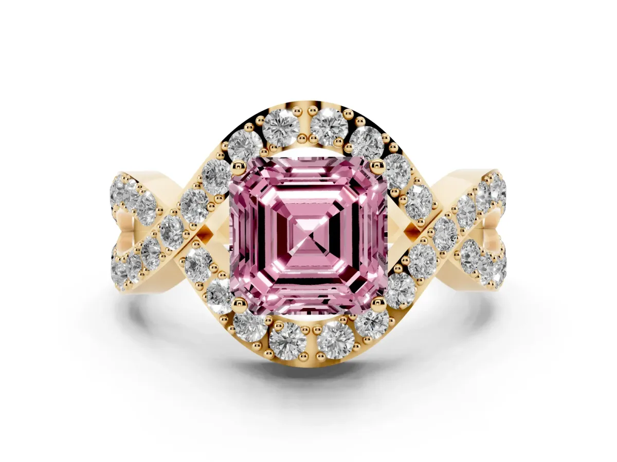 Fancy Pink Asscher Cut Solitaire Twist Band Pavé Diamond Engagement Ring Yellow gold
