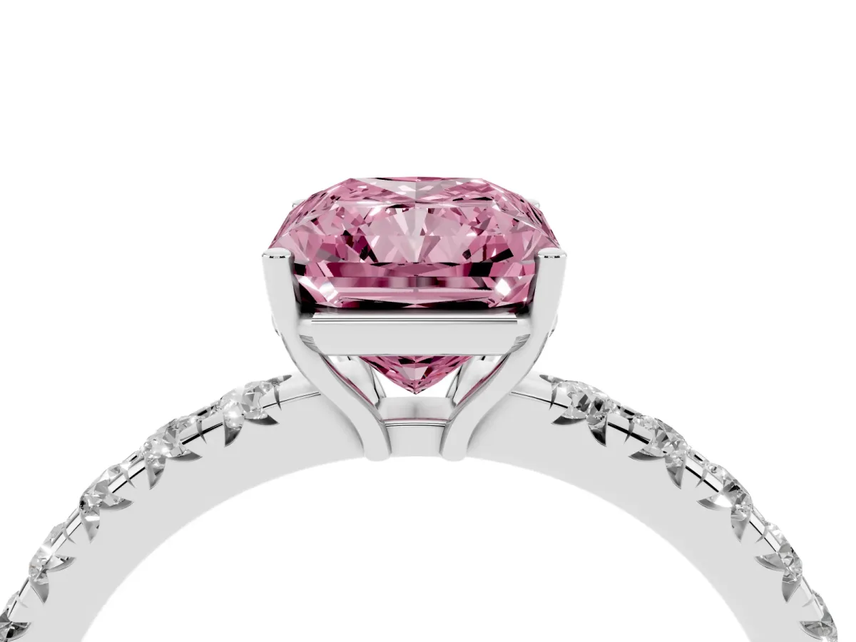 Fancy Pink Radiant Cut Diamond Pavé Solitaire Engagement Ring with Four-Prong Setting Silver