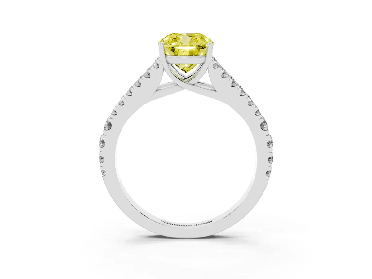 Fancy Yellow Cushion Cut Diamond Split Shank Pavé Engagement Ring with Four-Prong Setting Platinum
