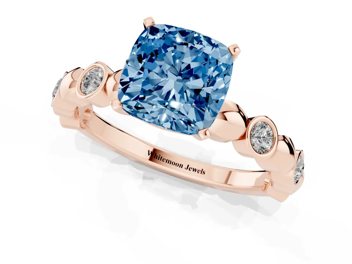 Fancy Blue Cushion Cut Solitaire Bezel-Set Diamond Ring with Beaded Band and Four-Prong Setting Rose gold