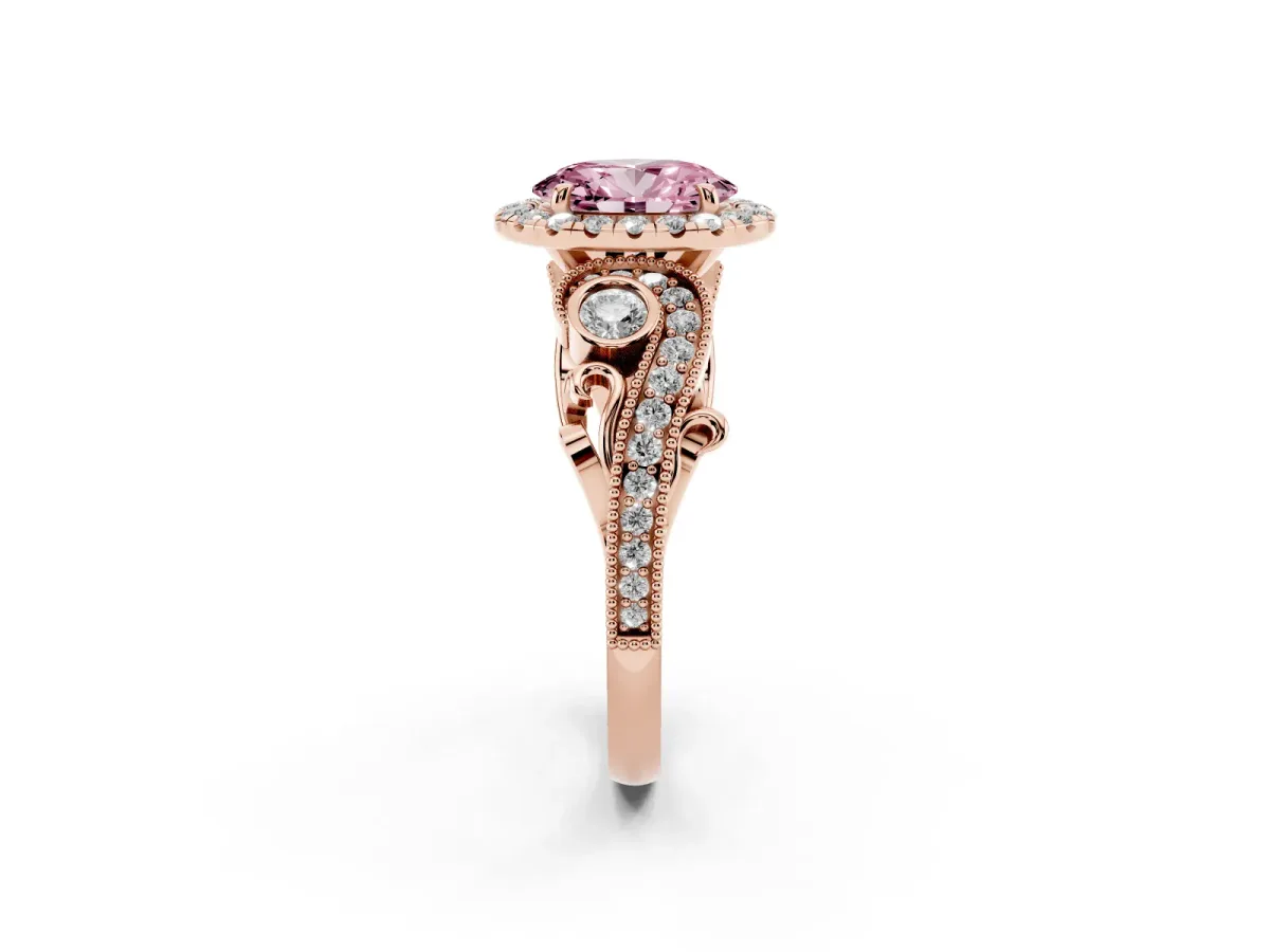 Fancy Pink Oval Cut Diamond Halo Ring with Milgrain Pavé Band and Four-Prong Setting Rose gold