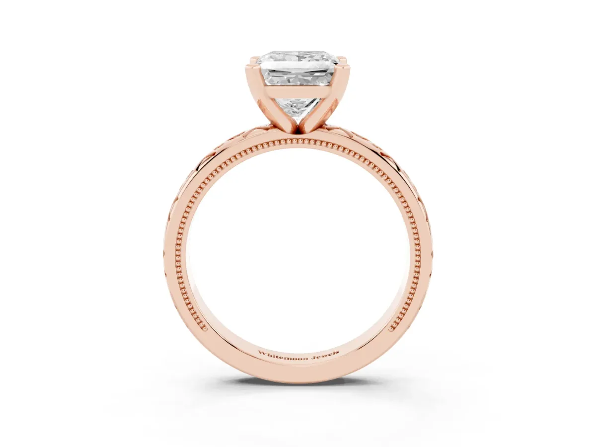 Princess Cut Solitaire Engagement Ring with Scrollwork Band and Four-Prong Setting Rose gold