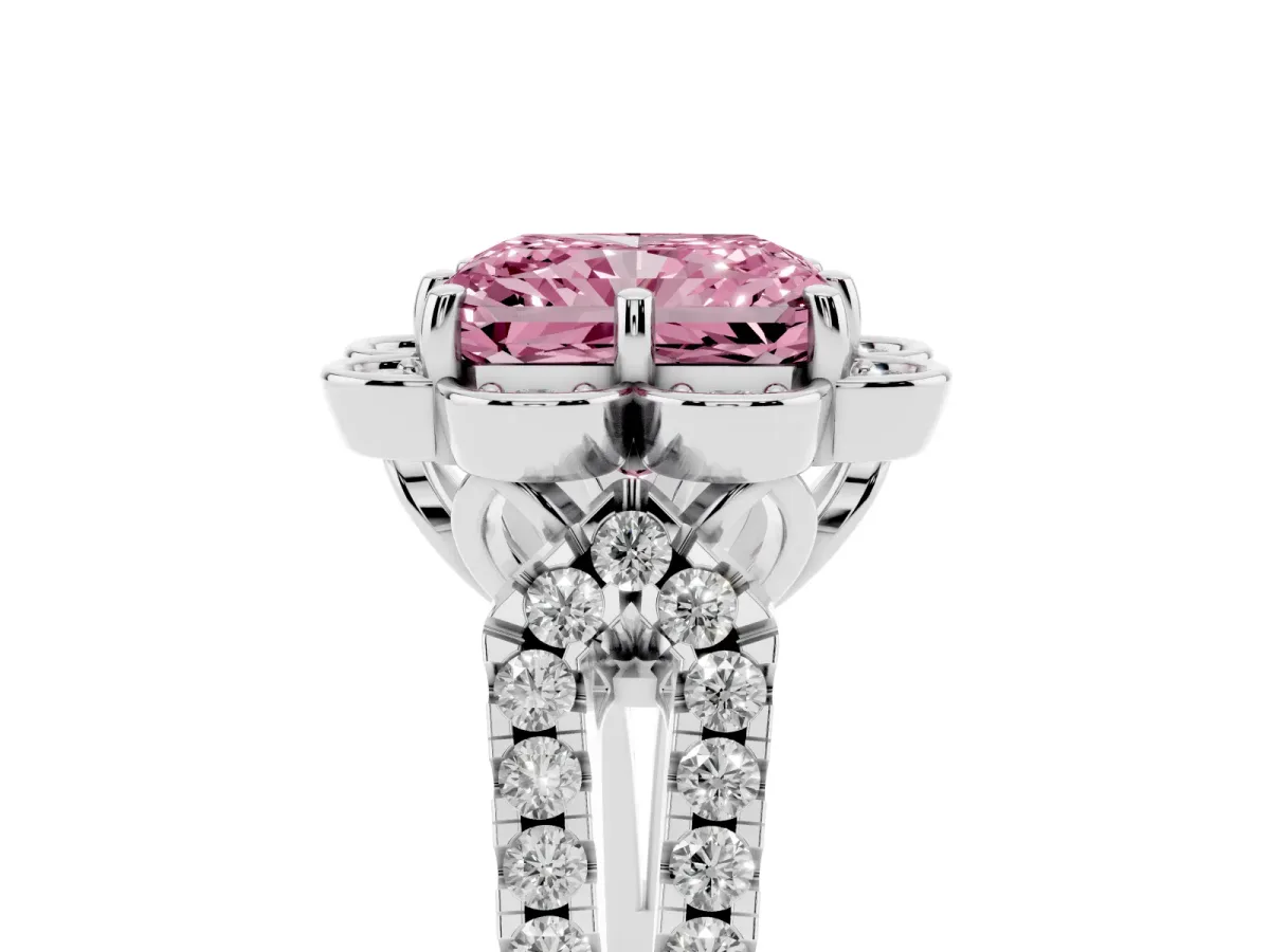 Fancy Pink Radiant Cut Halo Diamond Floral Split Shank Engagement Ring Platinum