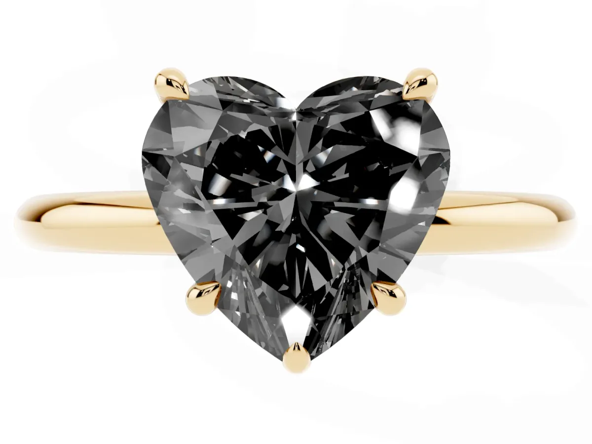 Fancy Black Heart Cut Diamond Solitaire Ring with Thin Band and Four-Prong Setting Yellow gold