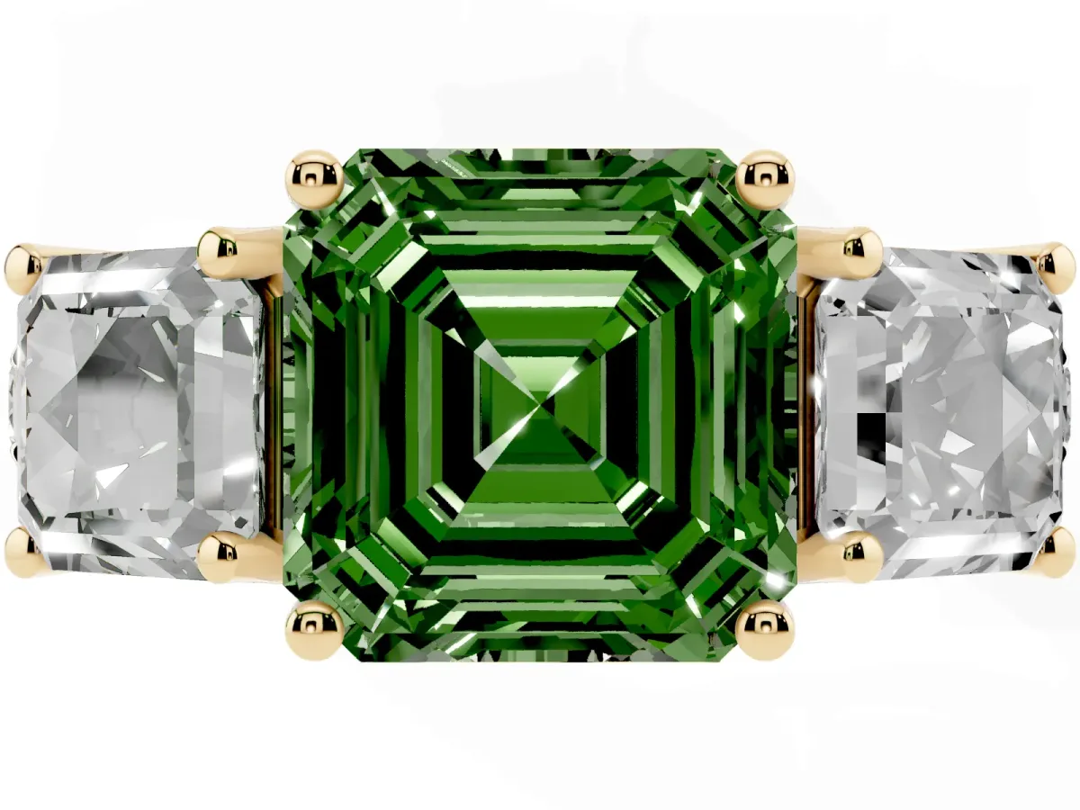 Fancy Green Three-Stone Asscher Cut Diamond Pavé Band with Prong Setting Yellow gold