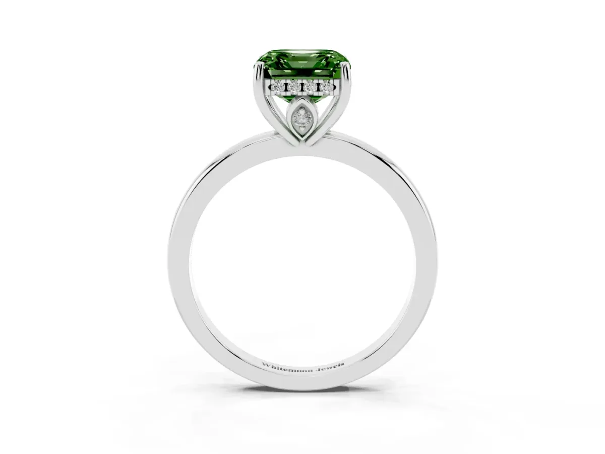 Fancy Green Asscher Cut Solitaire Diamond Ring with Prong Setting and Plain Band White gold