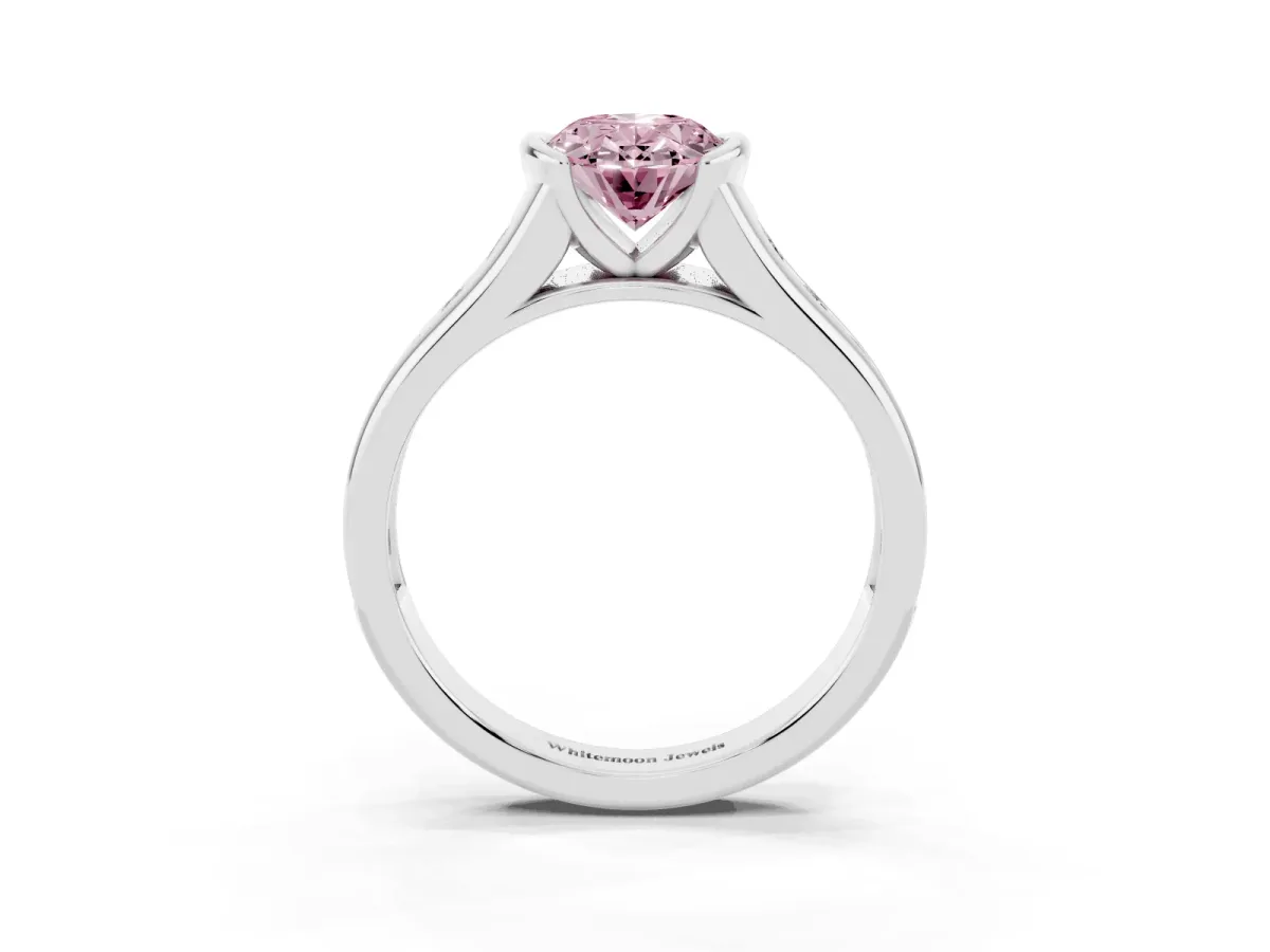 Fancy Pink Oval Cut Solitaire Bezel-Set Diamond Ring with Channel-Set Band Silver
