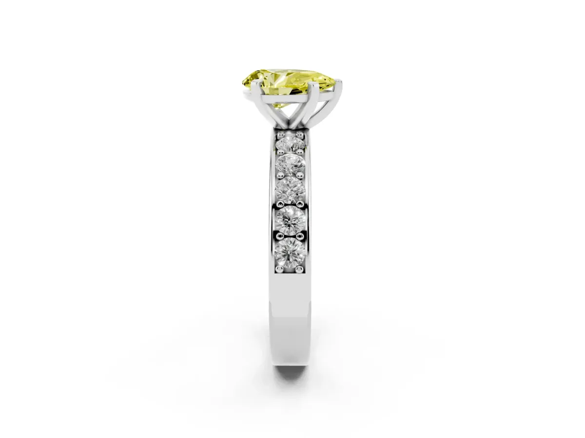 Fancy Yellow Pear Cut Diamond Engagement Ring with Channel Set Round Band and Prong Setting Silver