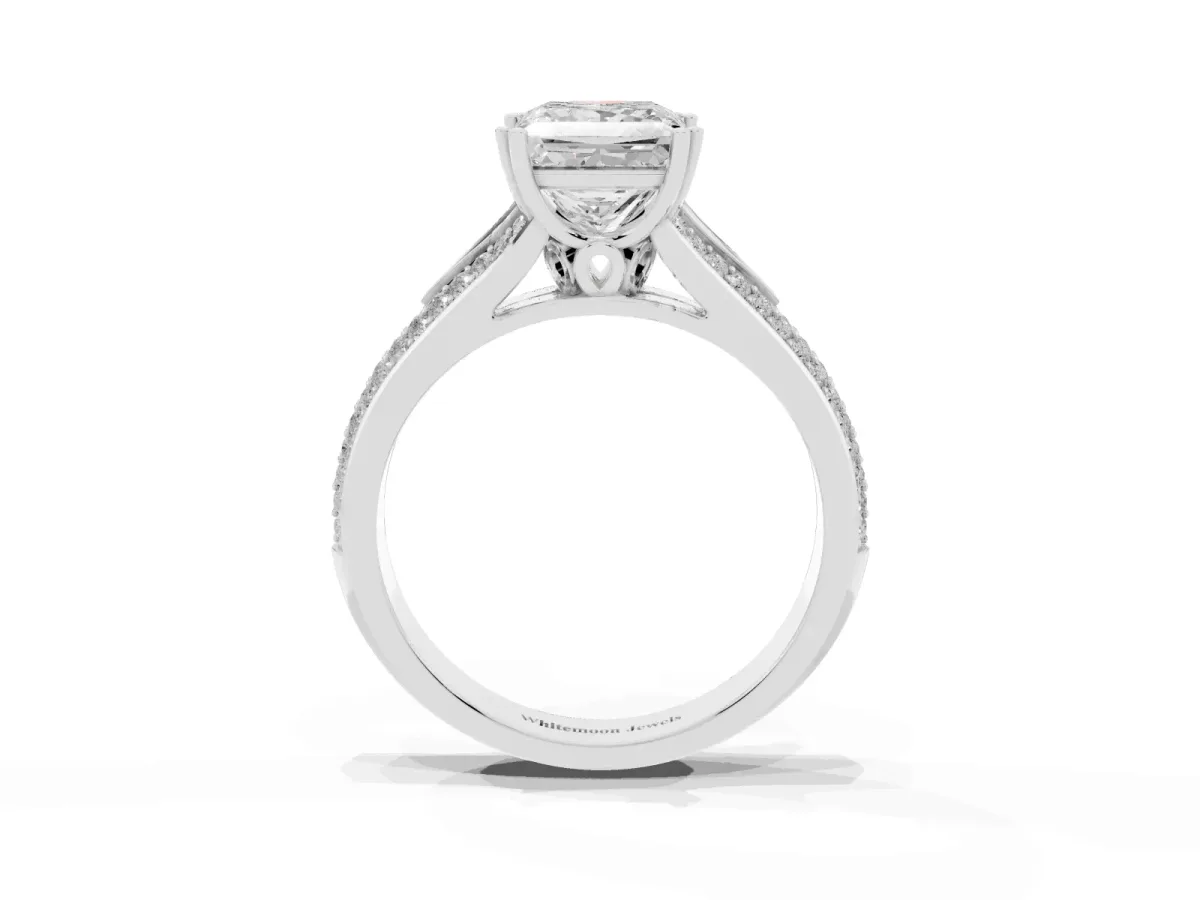 Princess Cut Diamond Split Shank Engagement Ring with Pavé Band White gold