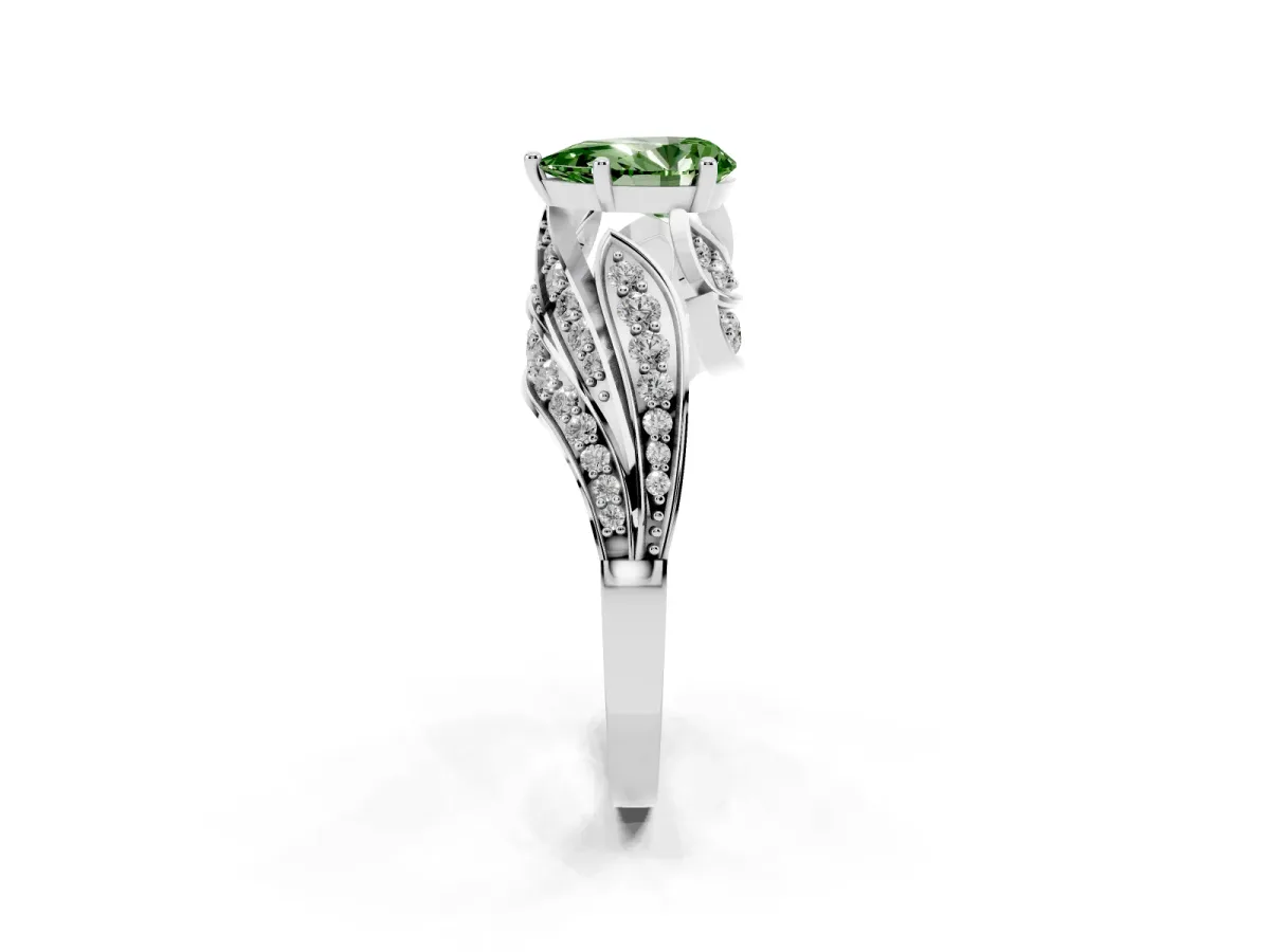 Fancy Green Pear Cut Diamond Solitaire Ring with Prong Setting and Twisted Pavé Band Silver