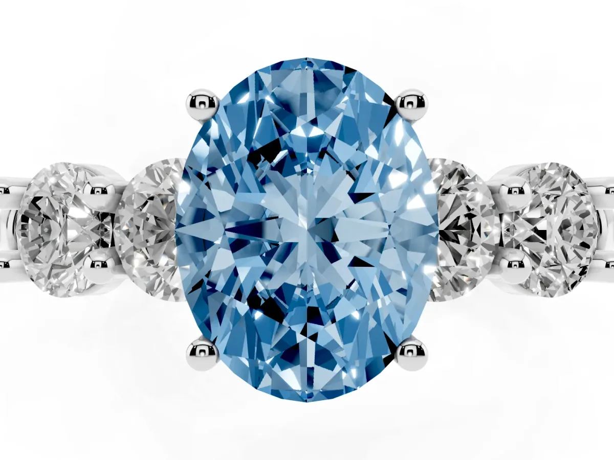 Fancy Blue Oval Cut Cut Five-Stone Prong Set Diamond Ring with Classic Band Silver