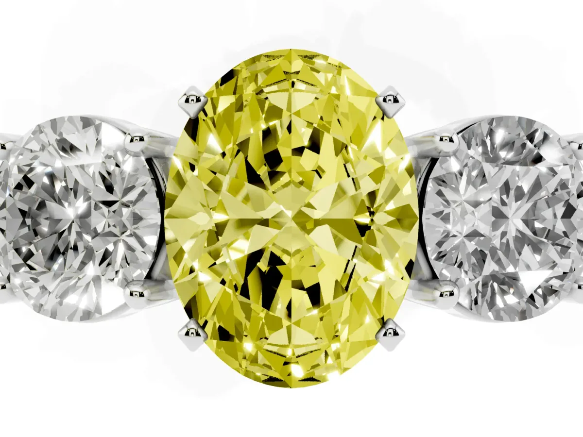 Fancy Yellow Three-Stone Oval Cut Diamond Ring with Round Side Stones, Classic Band, and Four-Prong Setting Silver