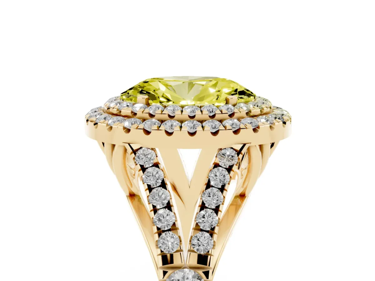 Fancy Yellow Oval Cut Cut Double Halo Split Shank Diamond Ring with Prong Setting Yellow gold