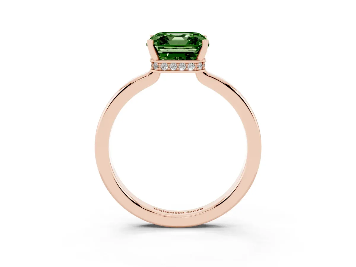 Fancy Green Asscher Cut Cut Solitaire Engagement Ring with Four-Prong Setting on a Classic Band Rose gold