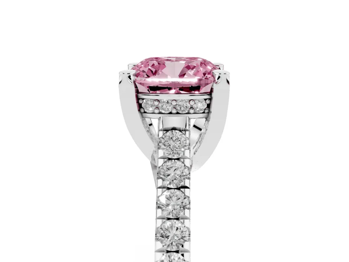 Fancy Pink Cushion Cut Brilliant Diamond Solitaire with Pavé Band and Four-Prong Setting White gold