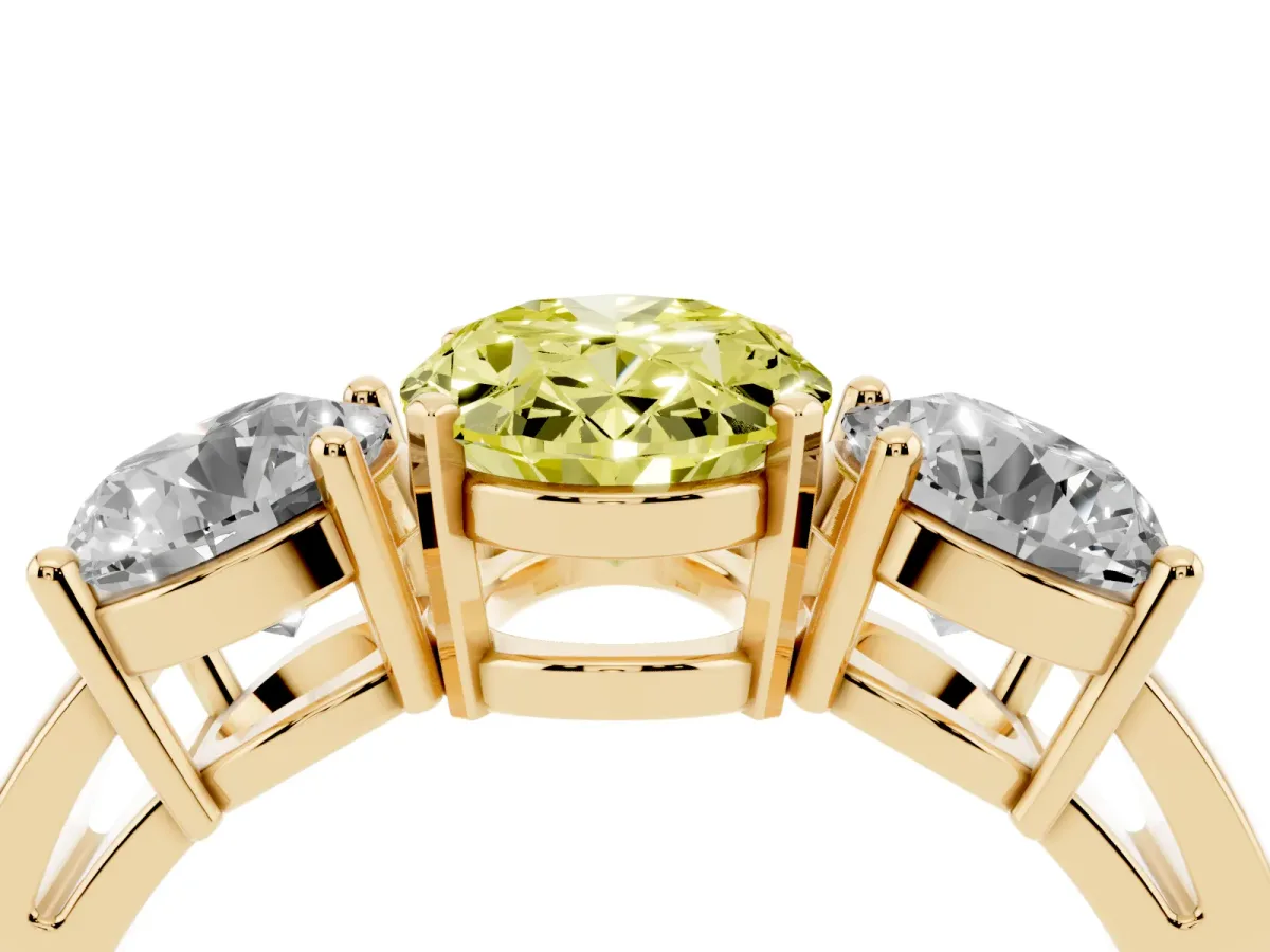 Fancy Yellow Three-Stone Oval Cut Diamond Ring with Round Side Stones, Classic Band, and Four-Prong Setting Yellow gold