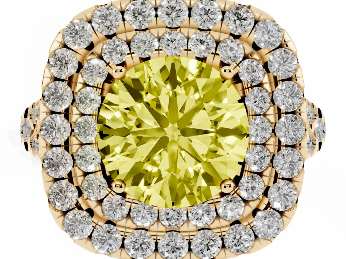 Fancy Yellow Double Halo Round Cut Diamond Pavé Split Shank Ring with Prong Setting Yellow gold