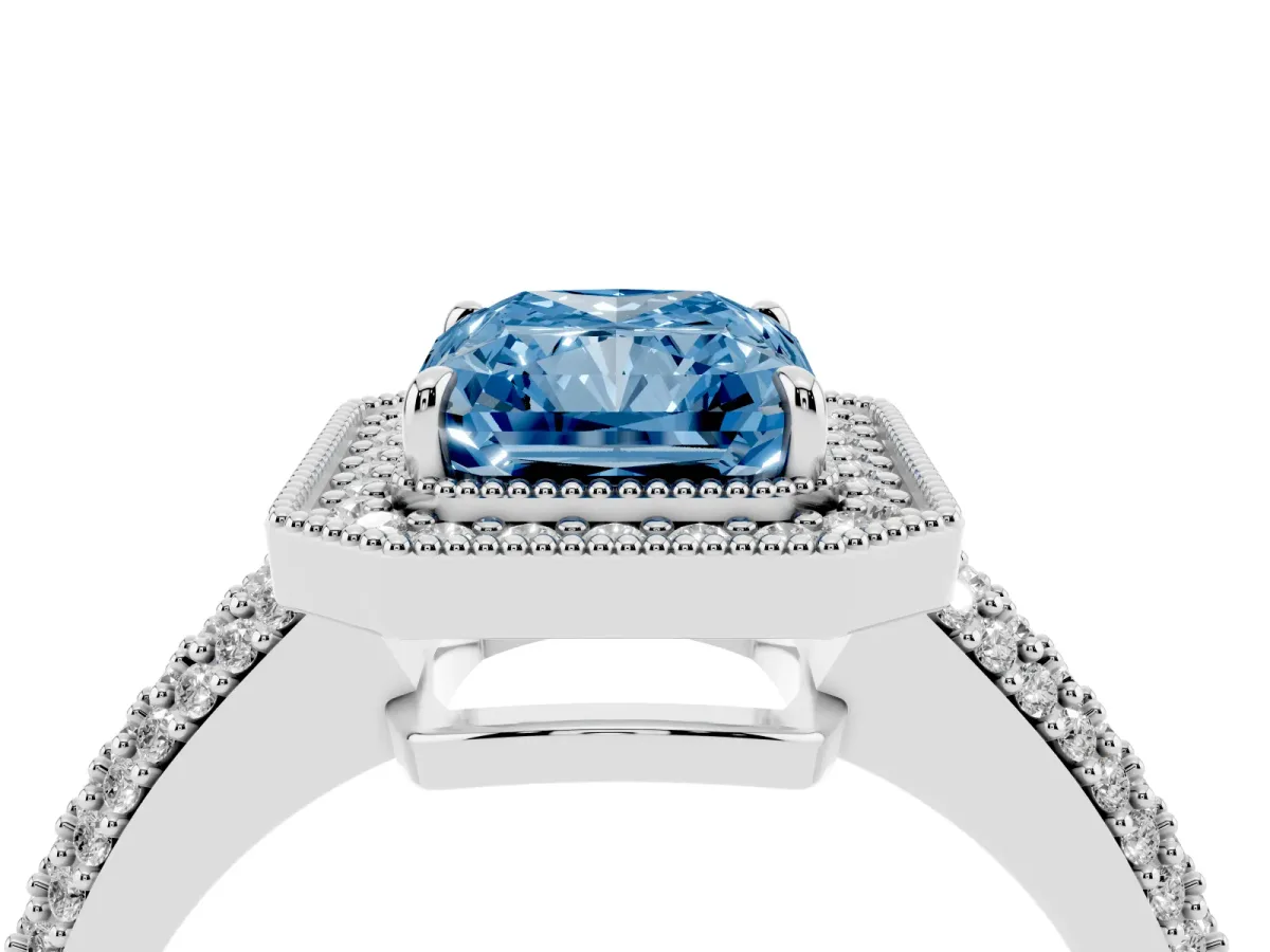 Fancy Blue Radiant Cut Cut Halo Diamond Pave Band with Four-Prong Setting Platinum