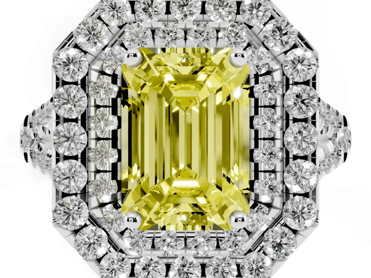 Fancy Yellow Double Halo Emerald Cut Diamond Pavé Split Shank Ring with Prong Setting White gold