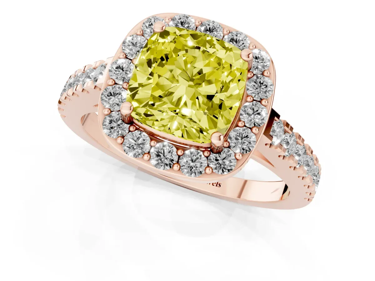 Fancy Yellow Cushion Cut Diamond Halo Ring with Round Pavé Split Shank and Prong Setting Rose gold
