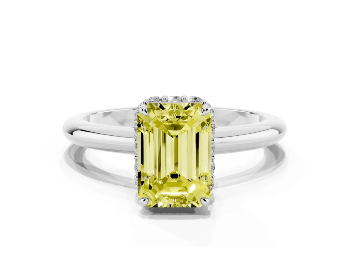 Fancy Yellow Emerald Cut Brilliant Solitaire Engagement Ring with Six-Prong Setting and Classic Band Platinum