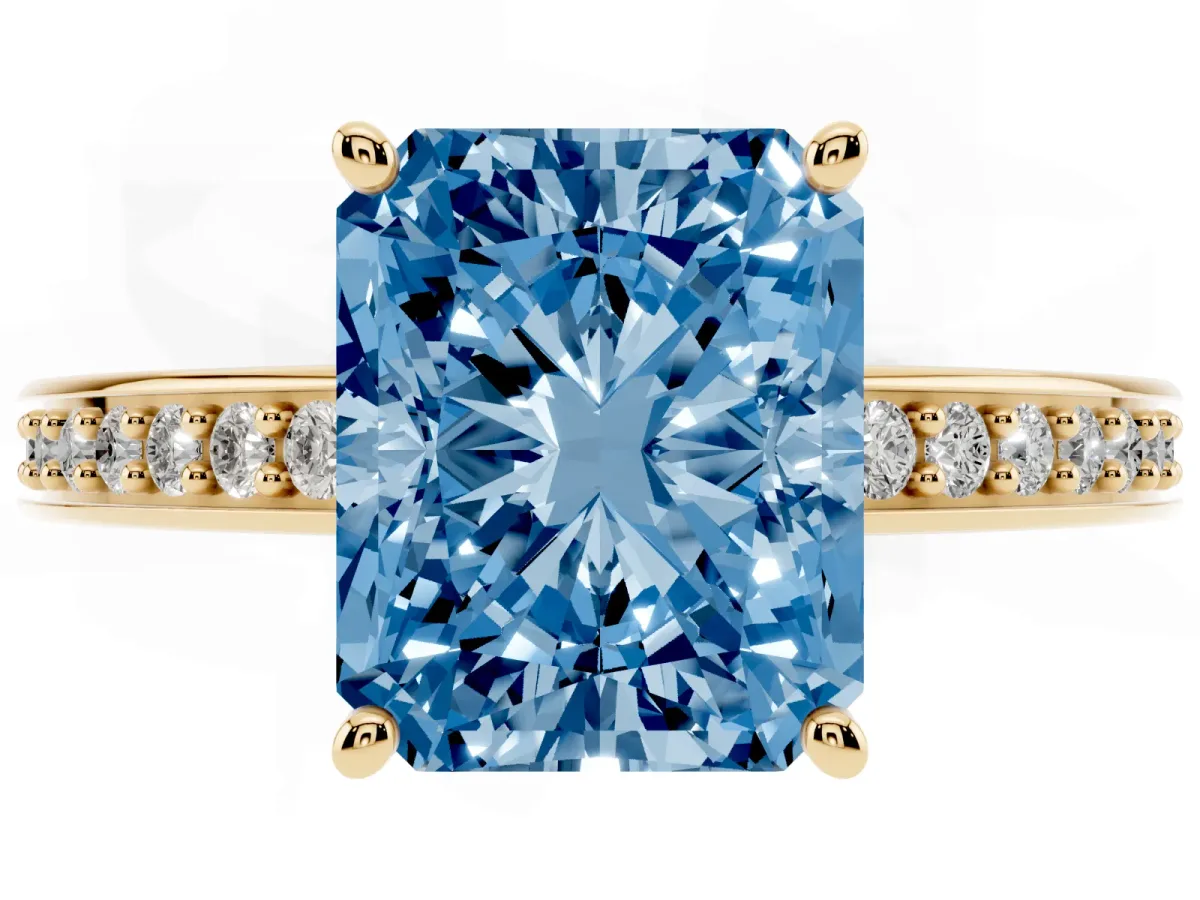 Fancy Blue Radiant Cut Solitaire Pavé Band Prong Setting Ring Yellow gold