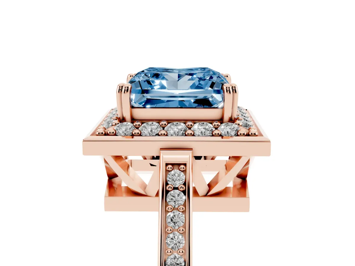 Fancy Blue Princess Cut Diamond Halo Ring with Split Shank and Four-Prong Setting Rose gold