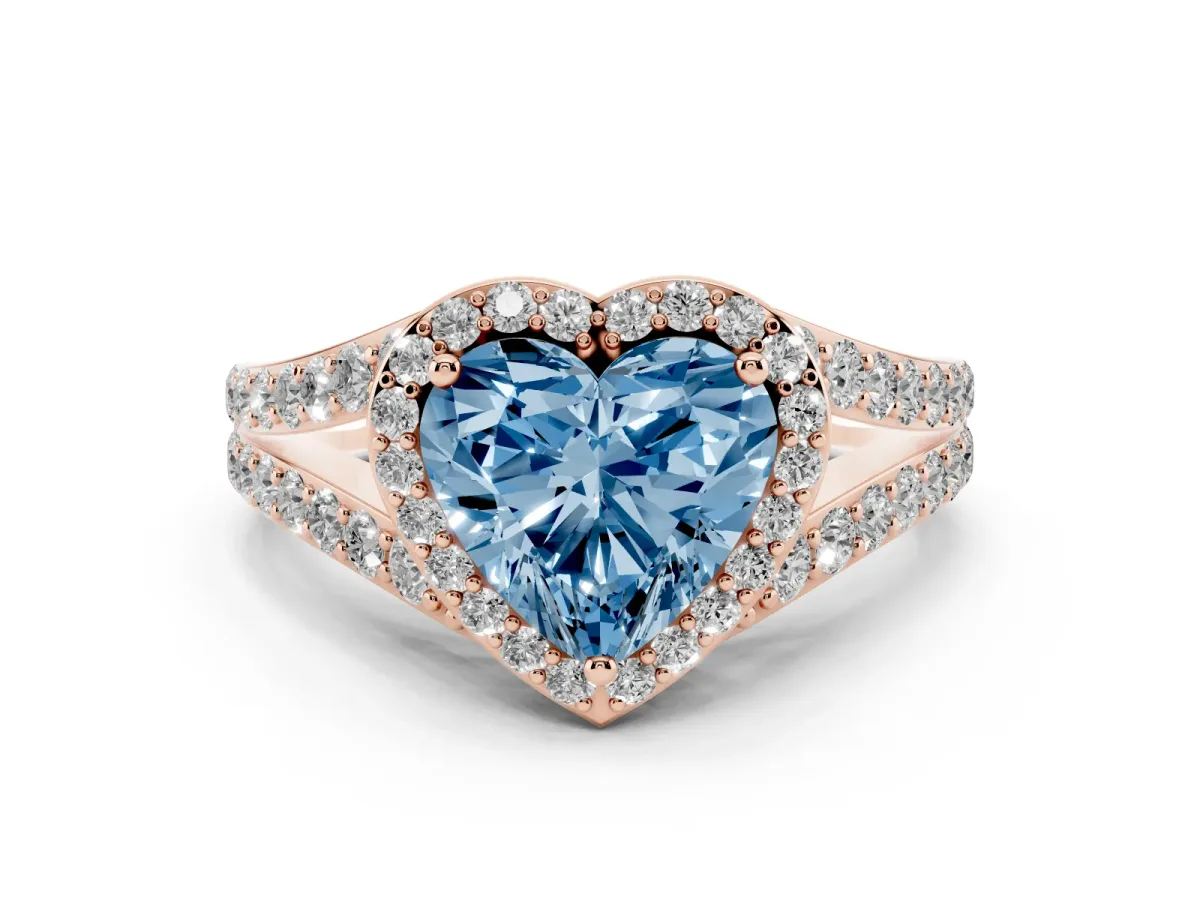 Fancy Blue Heart Cut Diamond Split Shank Halo Ring with Four-Prong Setting Rose gold