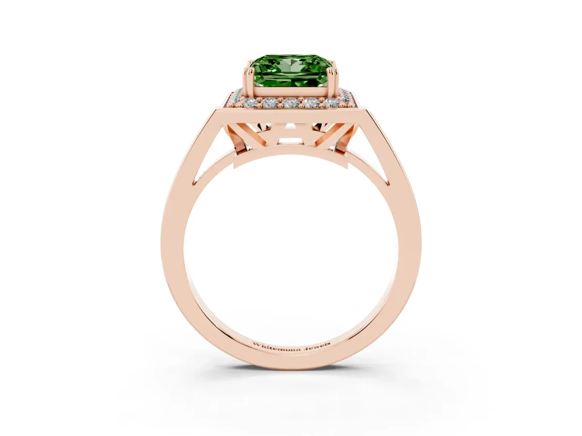 Fancy Green Princess Cut Diamond Halo Ring with Split Shank and Four-Prong Setting Rose gold