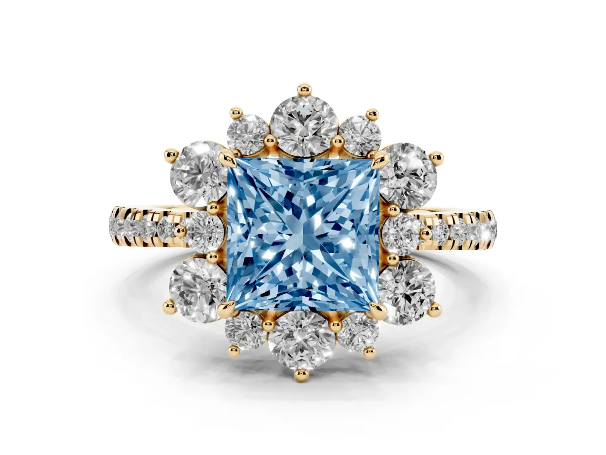 Fancy Blue Princess Cut Diamond Floral Halo Ring with Round Pavé Band and Prong Setting Yellow gold